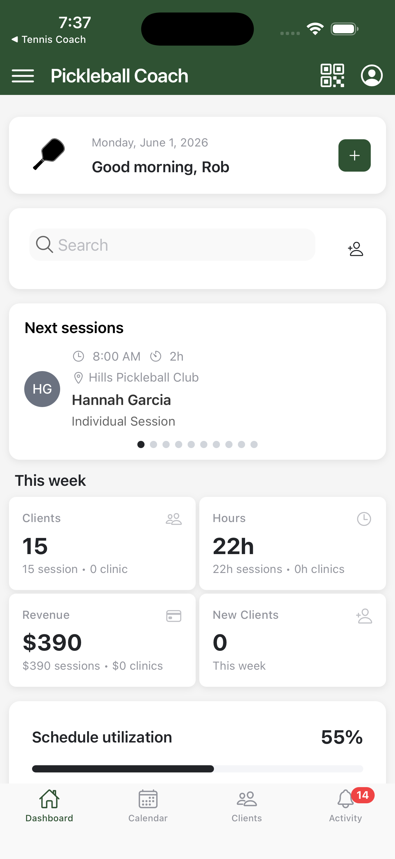 Pickleball Coach+ dashboard