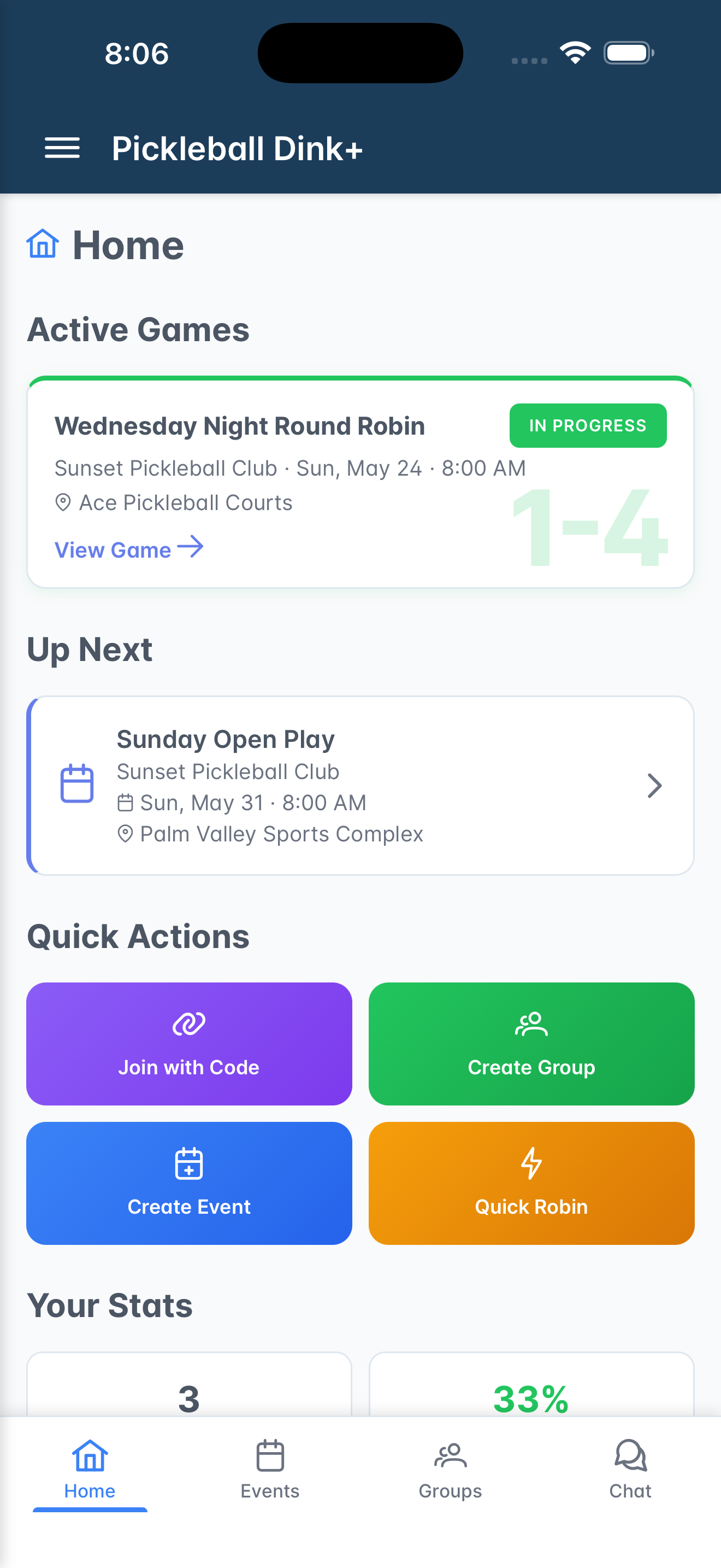 Pickleball Dink+ home screen